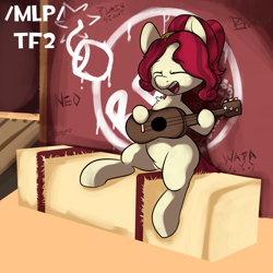 Size: 2000x2000 | Tagged: safe, artist:beep, cherry jubilee, earth pony, pony, g4, /mlp/ tf2 general, 2fort, community related, guitar, hay, hay bale, high res, musical instrument, team fortress 2, text