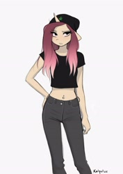Size: 2480x3508 | Tagged: safe, artist:katputze, oc, oc only, oc:crimson sunset, unicorn, anthro, beanie, belly button, belly piercing, female, floppy ears, gradient mane, hat, high res, looking at you, mare, midriff, piercing, signature, simple background, solo, white background