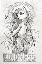 Size: 2792x4268 | Tagged: safe, artist:b_m, fluttershy, butterfly, pegasus, pony, semi-anthro, g4, arm hooves, bipedal, cheek fluff, female, grayscale, mare, monochrome, partially open wings, pencil drawing, solo, traditional art, wings