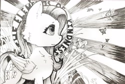 Size: 4444x2988 | Tagged: safe, artist:b_m, fluttershy, butterfly, pegasus, pony, g4, cheek fluff, chest fluff, female, mare, monochrome, solo