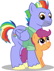 Size: 1920x2530 | Tagged: safe, artist:roman-santos, bow hothoof, scootaloo, pegasus, pony, g4, adopted, adopted offspring, cute, cutealoo, duo, father and child, father and daughter, female, filly, five o'clock shadow, foal, hug, looking at each other, looking at someone, male, parent:bow hothoof, scootadoption, scootalove, simple background, smiling, smiling at each other, stallion, transparent background