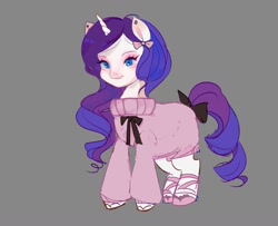 Size: 3145x2550 | Tagged: safe, artist:xxk1ttyl1tterxx, rarity, pony, unicorn, g4, alternate hairstyle, bow, clothes, female, gray background, high res, mare, ribbon, simple background, smiling, solo, sweater, sweater dress, tail, tail bow