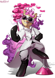 Size: 2480x3508 | Tagged: safe, artist:blazingstred, oc, oc only, oc:quickdraw, earth pony, semi-anthro, arm hooves, clothes, commissioner:dhs, confident, erlenmeyer flask, flask, flowing mane, flowing tail, freckles, full body, gloves, goggles, high res, lab coat, mad scientist, potion, purple mane, simple background, smiling, smoke, solo, standing, standing on one leg, tail, test tube, white background, yellow coat