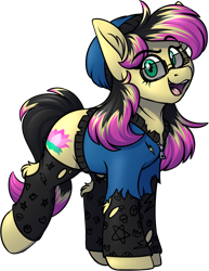 Size: 1396x1807 | Tagged: safe, artist:notetaker, oc, oc only, oc:lotus elisia, earth pony, pony, beanie, clothes, female, hat, hockless socks, simple background, socks, solo, sunglasses, torn clothes, transparent background, zipper