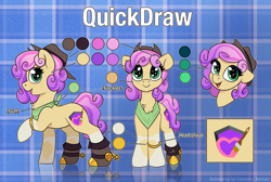 Size: 4471x3000 | Tagged: safe, artist:cornelia_nelson, oc, oc only, oc:quickdraw, earth pony, pony, boots, bust, chest fluff, clothes, coat markings, cowboy boots, cowboy hat, curly hair, cutie mark, earth pony oc, eye lashes, freckles, green eyes, hat, heart, heart mark, hoof ring, looking at you, name, patterned background, purple mane, reference sheet, reflection, scarf, shoes, simple background, smiling, socks (coat markings), spurs, standing