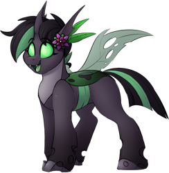 Size: 1105x1134 | Tagged: safe, artist:notetaker, oc, oc only, oc:pestle, changeling, eye clipping through hair, female, flower, flower in hair, green changeling, simple background, solo, transparent background