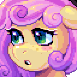 Size: 320x320 | Tagged: safe, artist:hikkage, oc, oc only, oc:quickdraw, pony, animated, blushing, bust, curly hair, cute, ear flick, freckles, gif, green eyes, i watch it for the ears, looking at you, looking forward, pixel art, portrait, shy, smiling, solo, sparkly eyes, wingding eyes