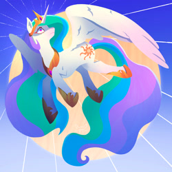 Size: 2480x2480 | Tagged: safe, artist:portablebunbun, princess celestia, alicorn, pony, g4, crown, female, gradient background, high res, hoof shoes, jewelry, looking up, mare, partially open wings, regalia, solo, starry eyes, wingding eyes, wings