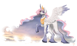 Size: 3575x2130 | Tagged: safe, artist:birdelf, princess celestia, alicorn, pony, g4, curved horn, female, gradient hooves, high res, horn, mare, peytral, raised hoof, simple background, solo, spread wings, unshorn fetlocks, white background, wings