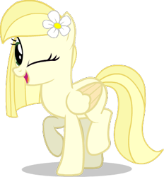 Size: 356x384 | Tagged: safe, artist:tankman, oc, oc only, oc:daisy heart, pegasus, pony, daisy (flower), flower, green eyes, looking at you, one eye closed, pegasus oc, raised hoof, shadow, simple background, solo, transparent background, wink, winking at you, yellow mane