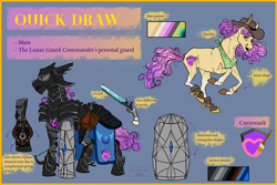 Size: 3000x2000 | Tagged: safe, artist:tigriot, oc, oc only, oc:quickdraw, earth pony, pony, armor, badass, bag, banner, boots, chainmail, clothes, coat markings, commissioner:dhs, cowboy hat, crossbow, crystal, cutie mark, cutie mark on clothes, description, flintlock, freckles, gun, hat, helmet, high res, hoof ring, lunar republic, name, passepartout, plate armor, purple mane, red cross, reference sheet, running, saddle bag, satchel, shield, shoes, simple background, socks (coat markings), solo, spurs, standing, weapon, yellow coat
