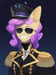 Size: 2248x3017 | Tagged: safe, artist:striallands, oc, oc only, oc:quickdraw, anthro, equestria at war mod, big ears, bust, clothes, commissioner:dhs, curly hair, dictator, evil, evil smile, grin, hat, high res, lunar republic, military uniform, moon, night, night sky, portrait, sky, smiling, solo, sunglasses, uniform