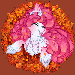 Size: 600x600 | Tagged: safe, alternate character, alternate version, artist:bananasplitedy, oc, oc only, oc:honeybun, pony, blushing, chest fluff, commission, ear blush, ear fluff, leaf, leaves, open mouth, sketch, smiling, solo, wind, wreath, ych result