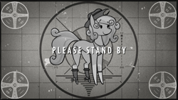 Size: 705x397 | Tagged: safe, artist:fenixdust, oc, oc:quickdraw, earth pony, pony, black and white, boots, clothes, coat markings, commissioner:dhs, cowboy hat, curly mane, fallout, freckles, grayscale, hat, hoof ring, monochrome, scarf, shoes, simple background, socks (coat markings), solo, spurs, standing, text