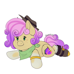 Size: 1000x1000 | Tagged: safe, artist:rcdesenhista, oc, oc only, oc:quickdraw, earth pony, pony, boots, clothes, coat markings, commission, commissioner:dhs, cowboy hat, hat, hoof ring, plushie, purple mane, scarf, shoes, simple background, socks (coat markings), solo, spurs, transparent background, ych result, yellow coat