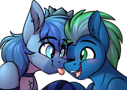 Size: 1478x1058 | Tagged: safe, artist:notetaker, oc, oc only, oc:simon pegasus, bat pony, pegasus, pony, :p, couple, duo, ear piercing, eye clipping through hair, gay, male, pegasus oc, piercing, simple background, tongue out, transparent background
