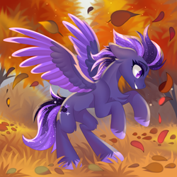 Size: 3000x3000 | Tagged: safe, artist:xvostik, oc, oc only, oc:shadow galaxy, pegasus, pony, autumn, chest fluff, colored wings, commission, concave belly, ethereal mane, ethereal tail, falling leaves, female, grass, high res, hooves, leaves, leg fluff, mare, pegasus oc, rearing, slender, smiling, solo, spread wings, starry mane, starry tail, tail, thin, tree, two toned wings, unshorn fetlocks, wings, ych result