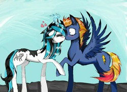 Size: 1024x742 | Tagged: safe, artist:hysteriana, oc, oc:evening lake, oc:wing hurricane, pegasus, pony, unicorn, blushing, digital art, duo, duo male and female, embarrassed, female, horn, kissing, light skin, love, male, oc x oc, old art, pegasus oc, relationship, shipping, sky, spots, spotted, spread wings, stallion, unicorn oc, wings