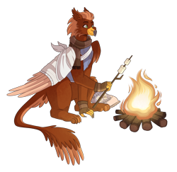 Size: 3500x3400 | Tagged: safe, artist:monnarcha, oc, oc:pavlos, griffon, bandage, broken bone, broken wing, cast, claws, clothes, colored wings, eared griffon, fire, folded wings, food, griffon oc, high res, injured, marshmallow, paws, scarf, simple background, sling, solo, sweater, transparent background, wings