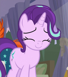 Size: 429x488 | Tagged: safe, screencap, starlight glimmer, sunburst, pony, unicorn, g4, season 9, student counsel, ^^, cropped, cute, duo, duo male and female, eyes closed, female, female focus, glimmerbetes, male, mare, offscreen character, offscreen male, solo focus, stallion