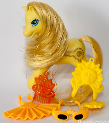 Size: 711x800 | Tagged: safe, photographer:moonbreeze, princess golden light, earth pony, pony, g2, comb, crown, fan, female, folding fan, hand fan, jewelry, mare, open mouth, open smile, photo, raised hoof, regalia, smiling, solo, sunglasses, toy