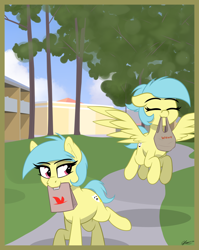 Size: 1592x2000 | Tagged: safe, artist:seafooddinner, oc, oc only, oc:matinee, oc:soiree, earth pony, pegasus, pony, duo, earth pony oc, eyes closed, flying, mouth hold, outdoors, passepartout, pegasus oc, siblings, signature, spread wings, twins, wings