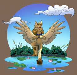 Size: 1000x978 | Tagged: safe, artist:cosmalumi, oc, oc only, oc:feather paw, pegasus, pony, belly, bipedal, cloud, flower, lilypad, neckerchief, pegasus oc, solo, spread wings, water, waterlily, wings