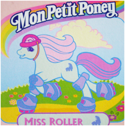 Size: 344x348 | Tagged: safe, flash (g2), earth pony, pony, g2, official, cloud, concave belly, female, flower, french, helmet, knee pads, looking at you, looking sideways, mare, my little pony logo, open mouth, open smile, outdoors, roller skates, rollerblades, rollerblading, skates, sky, slender, smiling, solo, tail, text, thin, windswept mane, windswept tail