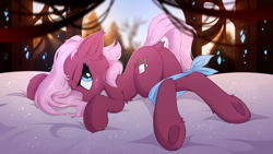 Size: 3840x2160 | Tagged: safe, alternate version, artist:danli69, artist:hioshiru, jasmine leaf, earth pony, pony, discordant harmony, g4, adorasexy, bed, blurry background, blushing, butt, chest fluff, collaboration, cute, dock, ear fluff, eyebrows, female, high res, hoof fluff, jasminebetes, leg fluff, looking at you, looking back, lying down, mare, neckerchief, on bed, plot, profile, prone, sexy, solo, tail, underhoof