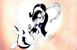 Size: 1024x670 | Tagged: safe, artist:hysteriana, oc, oc only, unnamed oc, earth pony, pony, adult blank flank, black and white, blank flank, clothes, colored, earth pony oc, female, flying, full body, full color, gift art, grayscale, hair, heterochromia, light skin, mare, pink background, ponytail, request, scarf, signature, simple background, solo, traditional art