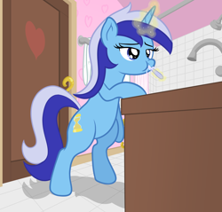 Size: 1776x1696 | Tagged: safe, artist:nitei, minuette, pony, unicorn, g4, bathroom, bipedal, bipedal leaning, brushing teeth, cute, female, leaning, magic, magic aura, mare, minubetes, show accurate, shower, sink, solo, standing on two hooves, toothbrush