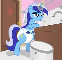 Size: 1776x1696 | Tagged: safe, artist:nitei, minuette, pony, unicorn, g4, bathroom, bipedal, bipedal leaning, brushing teeth, casual, diaper, diaper fetish, diaper pail, diapered, female, fetish, leaning, mare, non-baby in diaper, poofy diaper, show accurate, solo, standing on two hooves, toothbrush, trash can, white diaper