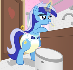 Size: 1776x1696 | Tagged: safe, artist:nitei, minuette, pony, unicorn, g4, bathroom, bipedal, bipedal leaning, brushing teeth, casual, diaper, diaper fetish, diaper pail, diaper usage, diapered, door, doorway, female, fetish, leaning, mare, non-baby in diaper, peeing in diaper, pissing, poofy diaper, show accurate, sink, soaked diaper, solo, toothbrush, trash can, urine, using diaper, wet diaper, wetting, wetting diaper, white diaper