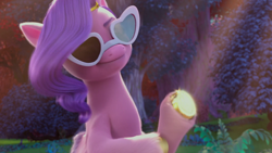 Size: 1920x1080 | Tagged: safe, screencap, pipp petals, pegasus, pony, g5, mane smelody, my little pony: make your mark, my little pony: make your mark chapter 5, spoiler:g5, female, glasses, heart shaped glasses, hoof hold, looking at you, mare, out of context, outdoors, raised hoof, shiny hooves, solo, sunglasses, underhoof