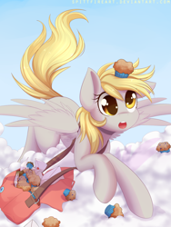 Size: 3150x4200 | Tagged: safe, artist:spittfireart, derpy hooves, pegasus, pony, g4, bag, cloud, cute, derpabetes, female, food, high res, letter, mail, mailbag, mailmare, mare, muffin, on a cloud, open mouth, signature, sky, solo, spread wings, wings