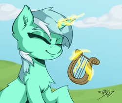 Size: 2325x1974 | Tagged: safe, artist:danli69, lyra heartstrings, pony, unicorn, g4, cheek fluff, chest fluff, cloud, cute, ear fluff, eyebrows, eyes closed, female, glowing, glowing horn, high res, horn, levitation, lyrabetes, lyre, magic, magic aura, mare, musical instrument, outdoors, questionable source, signature, sky, smiling, solo, telekinesis
