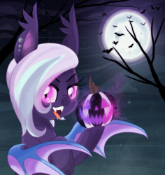 Size: 2350x2485 | Tagged: safe, artist:spookyle, oc, oc:hollow mist, bat, bat pony, pony, ear piercing, fangs, female, halloween, high res, holiday, jack-o-lantern, mare, moon, night, night sky, open mouth, piercing, pumpkin, sky, solo, tongue out