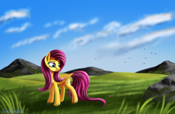 Size: 6286x4132 | Tagged: safe, artist:pony-stark, fluttershy, pegasus, pony, g4, absurd resolution, female, flower, folded wings, grass, mare, outdoors, scenery, solo, standing, turned head, wings