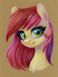 Size: 912x1200 | Tagged: safe, artist:maytee, roseluck, earth pony, pony, g4, bust, colored pencil drawing, female, mare, portrait, smiling, solo, traditional art
