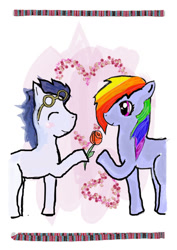 Size: 749x1060 | Tagged: safe, artist:derpiee, rainbow dash, soarin', pegasus, pony, g4, duo, female, flower, male, mare, rose, ship:soarindash, shipping, stallion, straight