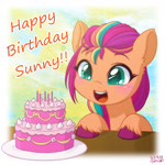 Size: 1000x1000 | Tagged: safe, artist:uotapo, sunny starscout, earth pony, pony, g5, birthday, birthday cake, blushing, cake, cute, female, filly, filly sunny starscout, food, mane stripe sunny, open mouth, open smile, plate, smiling, solo, sunny starscout's birthday, sunnybetes, unshorn fetlocks, uotapo is trying to murder us, younger
