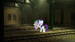 Size: 1920x1080 | Tagged: safe, artist:georgegarza01, rarity, spike, dragon, pony, unicorn, g4, age difference, blushing, child, duo, female, kissing, making out, male, ship:sparity, shipping, spread wings, straight, thomas and friends, thomas the tank engine, tidmouth sheds, winged spike, wings