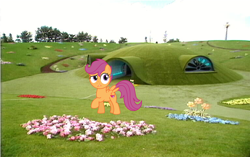 Size: 768x482 | Tagged: safe, artist:sketchmcreations, scootaloo, pegasus, pony, g4, confused, dialogue in the description, female, filly, flower, foal, solo, teletubbies, teletubbyland, tubbytronic superdome, windmill