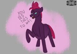 Size: 3508x2480 | Tagged: safe, artist:xenopony456, fizzlepop berrytwist, tempest shadow, pony, unicorn, g4, angry, dialogue, female, high res, mare, pregest shadow, pregnant, raised hoof, solo, you did this to me