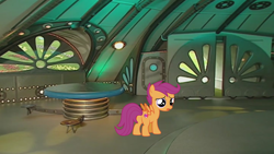 Size: 960x541 | Tagged: safe, artist:rainbowderp98, scootaloo, pegasus, pony, g4, dialogue in the description, female, filly, foal, indoors, looking around, solo, table, teletubbies, tubbytronic superdome