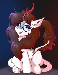 Size: 2064x2672 | Tagged: safe, artist:witchtaunter, oc, oc only, kirin, commission, ear fluff, ear piercing, glasses, high res, kirin oc, looking at you, open mouth, open smile, piercing, sitting, smiling, solo