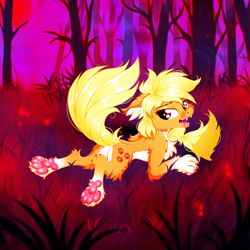 Size: 2500x2500 | Tagged: safe, artist:rurihal, applejack, earth pony, hengstwolf, pony, werewolf, wolf, wolf pony, g4, bloodmoon, butt, chest fluff, claws, ear fluff, fangs, female, floppy ears, full moon, halloween, high res, holiday, moon, night, night sky, nightmare night, paws, plot, sky, solo, underpaw