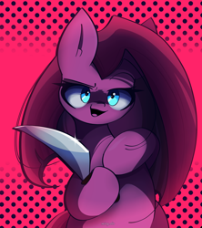 Size: 2350x2650 | Tagged: safe, artist:miryelis, pinkie pie, earth pony, pony, g4, female, glowing, glowing eyes, high res, knife, long hair, mare, pink background, pinkamena diane pie, signature, simple background, smiling, solo