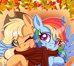 Size: 1280x1147 | Tagged: safe, artist:galaxy swirl, applejack, rainbow dash, earth pony, pegasus, pony, g4, applejack's hat, autumn, clothes, cowboy hat, cute, dashabetes, duo, duo female, female, gradient background, hat, jackabetes, lesbian, looking at you, mare, one eye closed, scarf, shared clothing, shared scarf, ship:appledash, shipping, smiling, smiling at you, spread wings, tongue out, wings, wink, winking at you