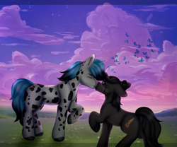 Size: 3000x2500 | Tagged: safe, artist:zarioly, oc, oc:dot, oc:zarioly, earth pony, pony, unicorn, broken horn, duo, duo male and female, female, full body, high res, horn, kiss on the lips, kissing, male, oc x oc, romantic, shipping, straight